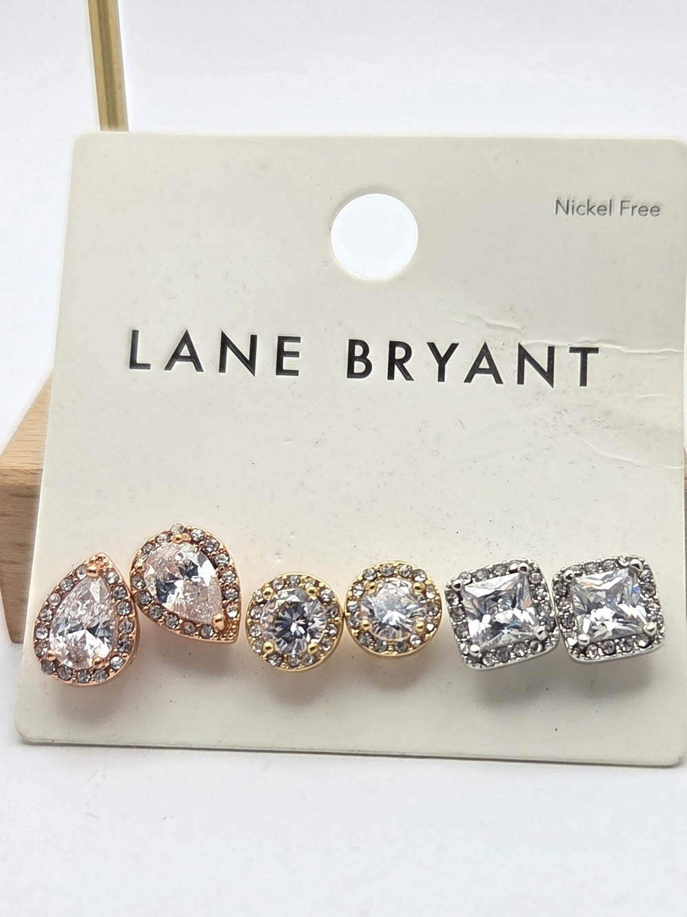 Lane Bryant NWT Stud Earring Set 3 Pairs Rhinestone Halo Gold Silver Rose Gold